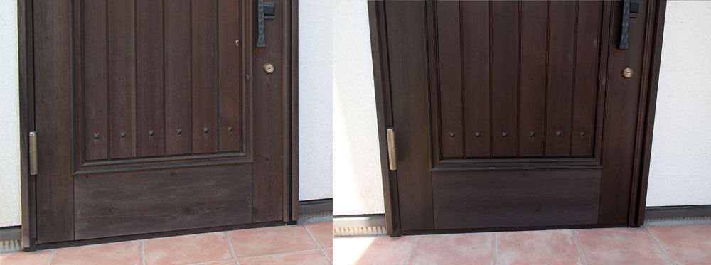木製ドアの再塗装前と再塗装後